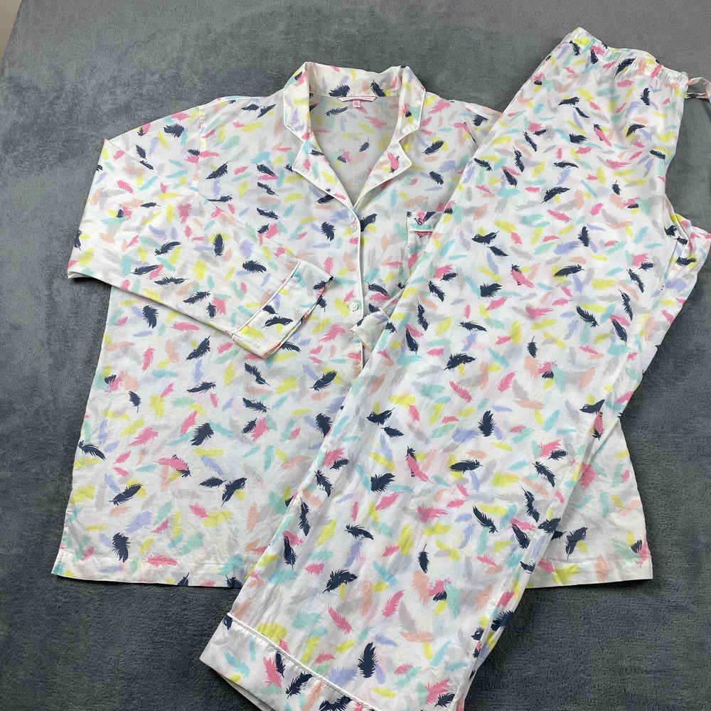 Victoria's Secret Women XL Long Pajama Set White Multi Feather Print Cotton